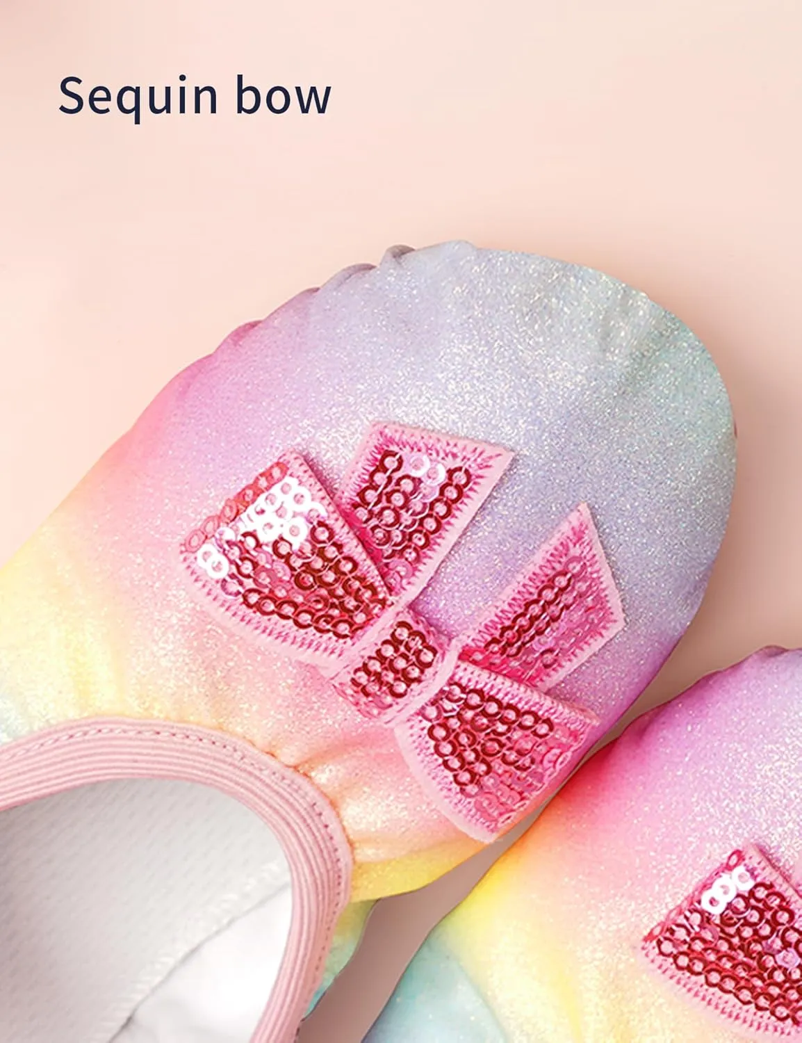 Dance Shoes for Girls Pink Ballet Flats Rainbow Glitter Ballerina Slippers with Elastic Laces