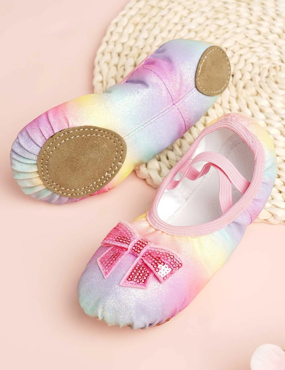 Dance Shoes for Girls Pink Ballet Flats Rainbow Glitter Ballerina Slippers with Elastic Laces