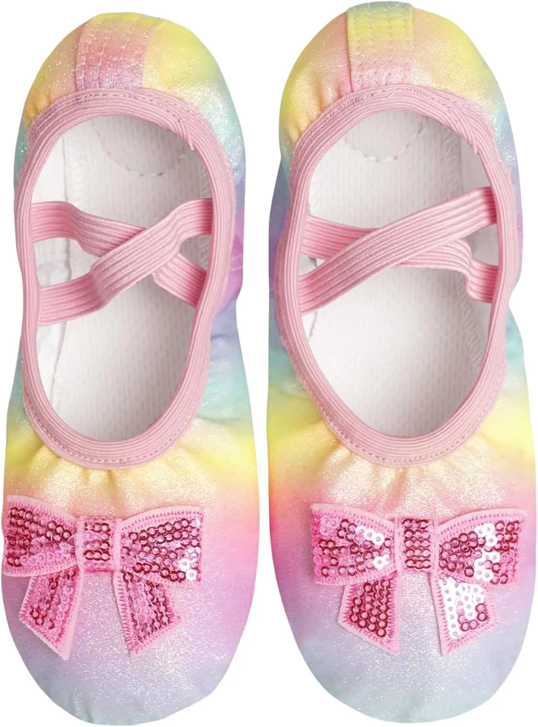 Dance Shoes for Girls Pink Ballet Flats Rainbow Glitter Ballerina Slippers with Elastic Laces