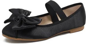 Dear Time Bowknot Satin Ballet Flats Elastic Strap Cute Round Toe Shoes Slip on Black Size 7.5