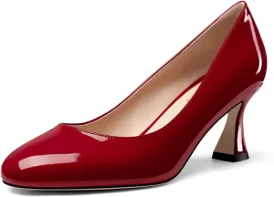 DearOnly Womens Close Round Toe Sexy Casual Slip-on Pumps Patent Leather Mid Heel Basic Classic Office Shoes 2.6 Inches Heels