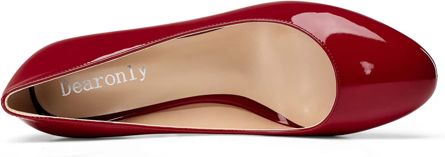 DearOnly Womens Close Round Toe Sexy Casual Slip-on Pumps Patent Leather Mid Heel Basic Classic Office Shoes 2.6 Inches Heels