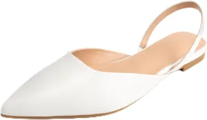 DREAMCIA Slingback White Flats for Women, Pointed-Toe Ballet Flats with Buckle Strap for Elegant Women，Classic Low Heel Dress Shoes for Casual Work Office Party（size 9.5）