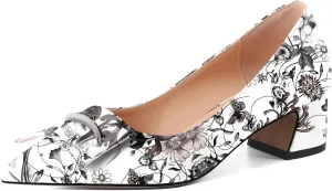 Eldof Block Heels Pumps for Women Pointed Toe Slip on Low Chunky Heeled Bow Heels Classic Low Heel Dress Shoes for Office Wedding Work Evening 2 Inches