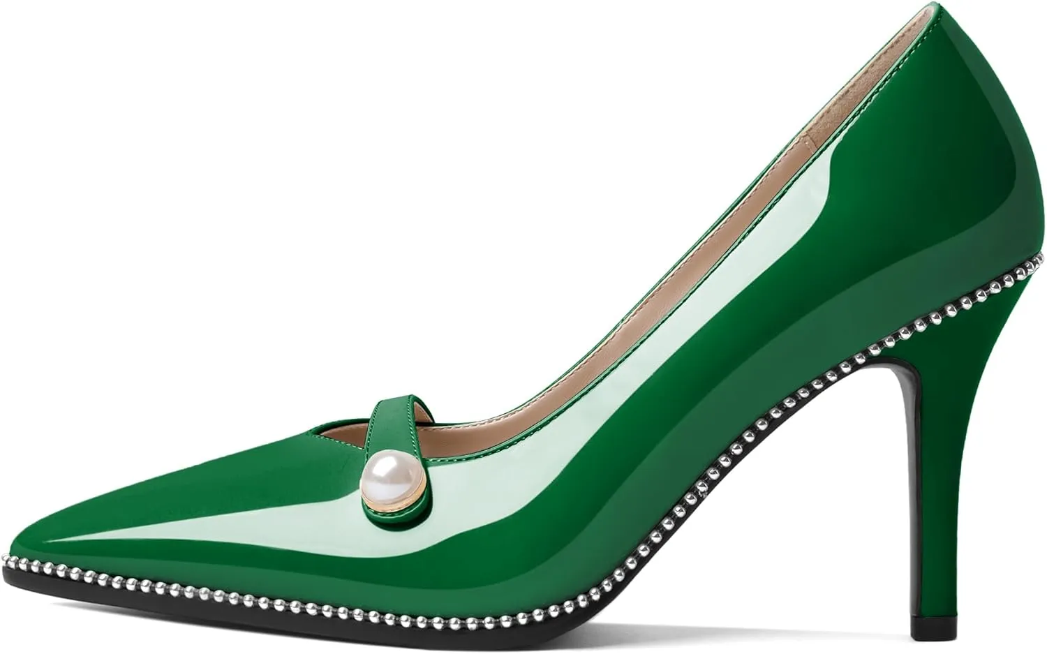 Eldof Women's High Heel Pumps Pointed Toe Slip On Pearl Strap Stiletto Heels Beaded Pumps Shoes Women Dress Sexy Heels 3.5 Inches