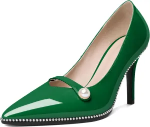 Eldof Women's High Heel Pumps Pointed Toe Slip On Pearl Strap Stiletto Heels Beaded Pumps Shoes Women Dress Sexy Heels 3.5 Inches