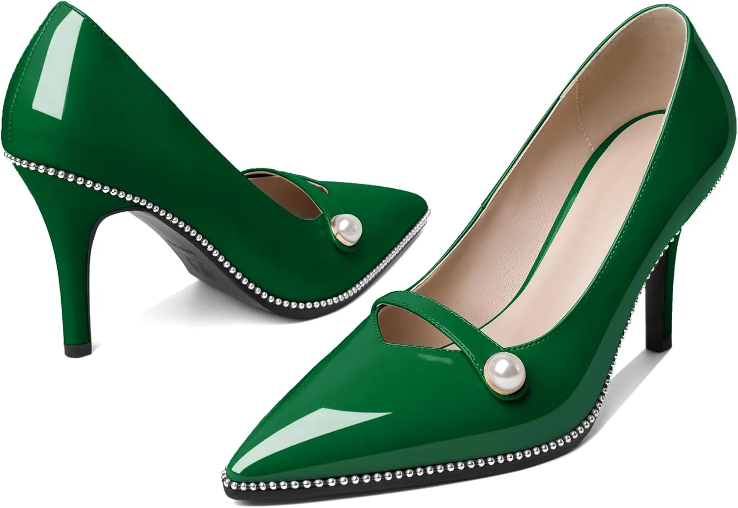 Eldof Women's High Heel Pumps Pointed Toe Slip On Pearl Strap Stiletto Heels Beaded Pumps Shoes Women Dress Sexy Heels 3.5 Inches
