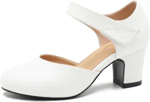 Enelauge Women's Ankle Strap Block Chunky Heels Closed Round Toe Pumps D'Orsay Comfortable Vintage Dressy Bridal Wedding Party Shoes