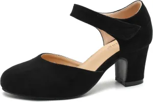 Enelauge Women's Ankle Strap Block Chunky Heels Closed Round Toe Pumps D'Orsay Comfortable Vintage Dressy Bridal Wedding Party Shoes