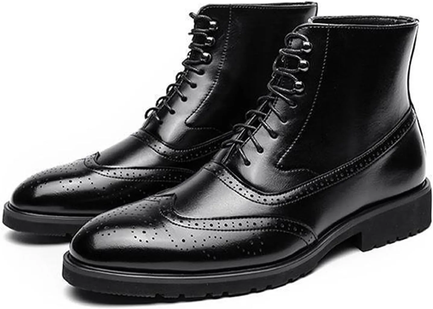 Ephirebra Men's Leather Brogue Wingtips Lace-Up Dress Oxford Boots Comfortable Non-Slip Pointed Toe High-Top Retro Ankle Boots