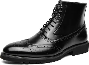 Ephirebra Men's Leather Brogue Wingtips Lace-Up Dress Oxford Boots Comfortable Non-Slip Pointed Toe High-Top Retro Ankle Boots