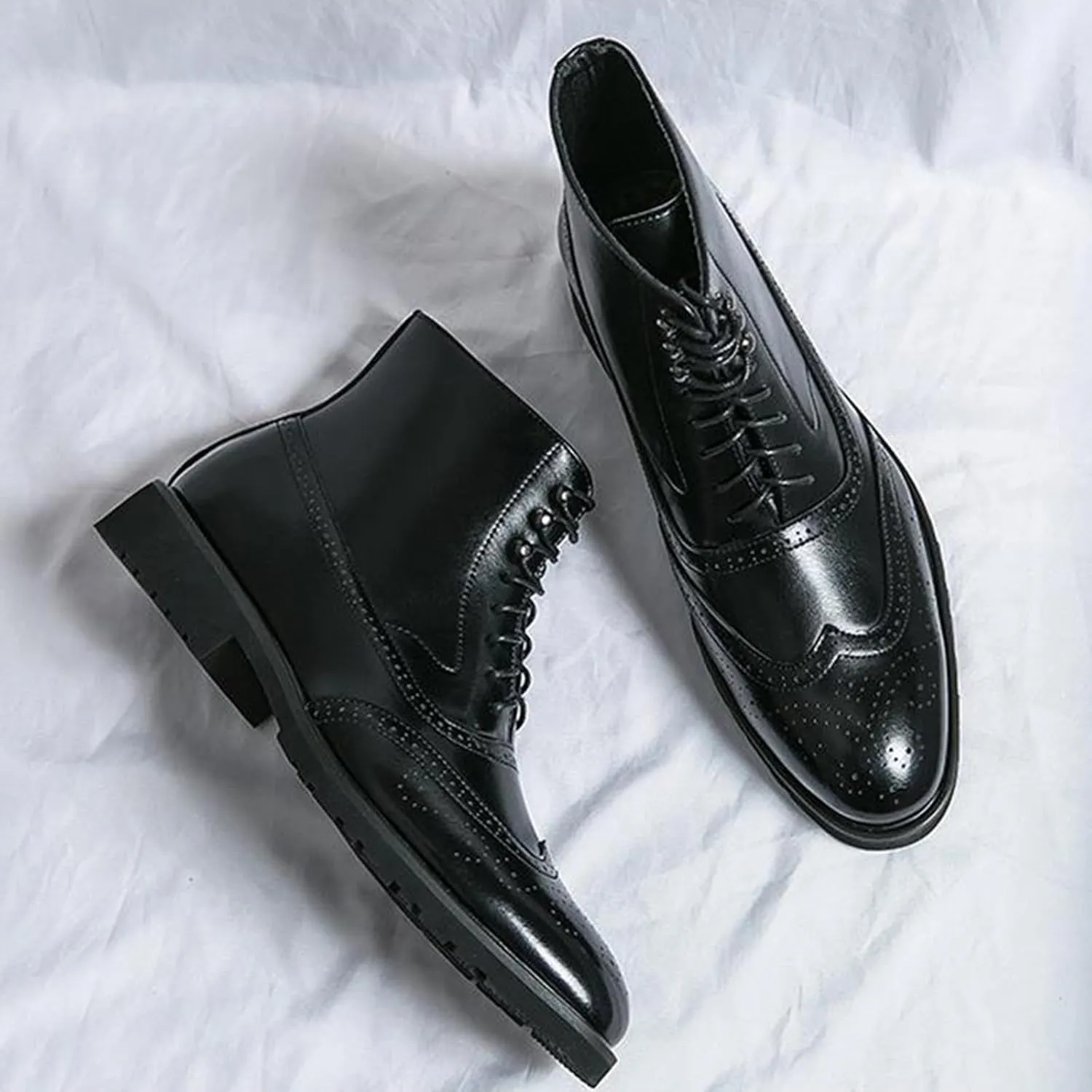 Ephirebra Men's Leather Brogue Wingtips Lace-Up Dress Oxford Boots Comfortable Non-Slip Pointed Toe High-Top Retro Ankle Boots