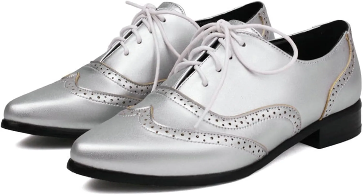 ErikenUrben Women Leather Perforated Lace up Oxford Shoes Pointed Toe Brogue Shoes