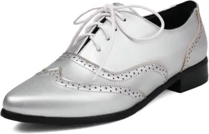 ErikenUrben Women Leather Perforated Lace up Oxford Shoes Pointed Toe Brogue Shoes