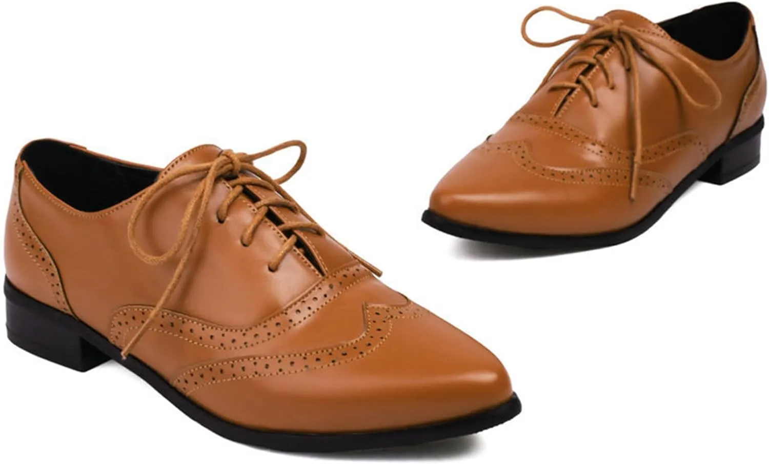ErikenUrben Women Leather Perforated Lace up Oxford Shoes Pointed Toe Brogue Shoes