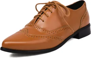 ErikenUrben Women Leather Perforated Lace up Oxford Shoes Pointed Toe Brogue Shoes