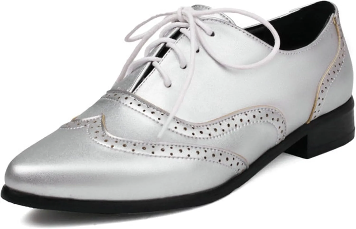 ErikenUrben Women Leather Perforated Lace up Oxford Shoes Pointed Toe Brogue Shoes