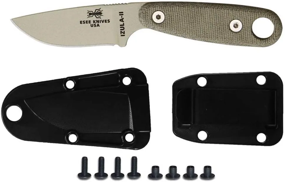 ESEE Knives Izula II Knife with Molded Sheath and Belt Clip Plate (Desert Tan)