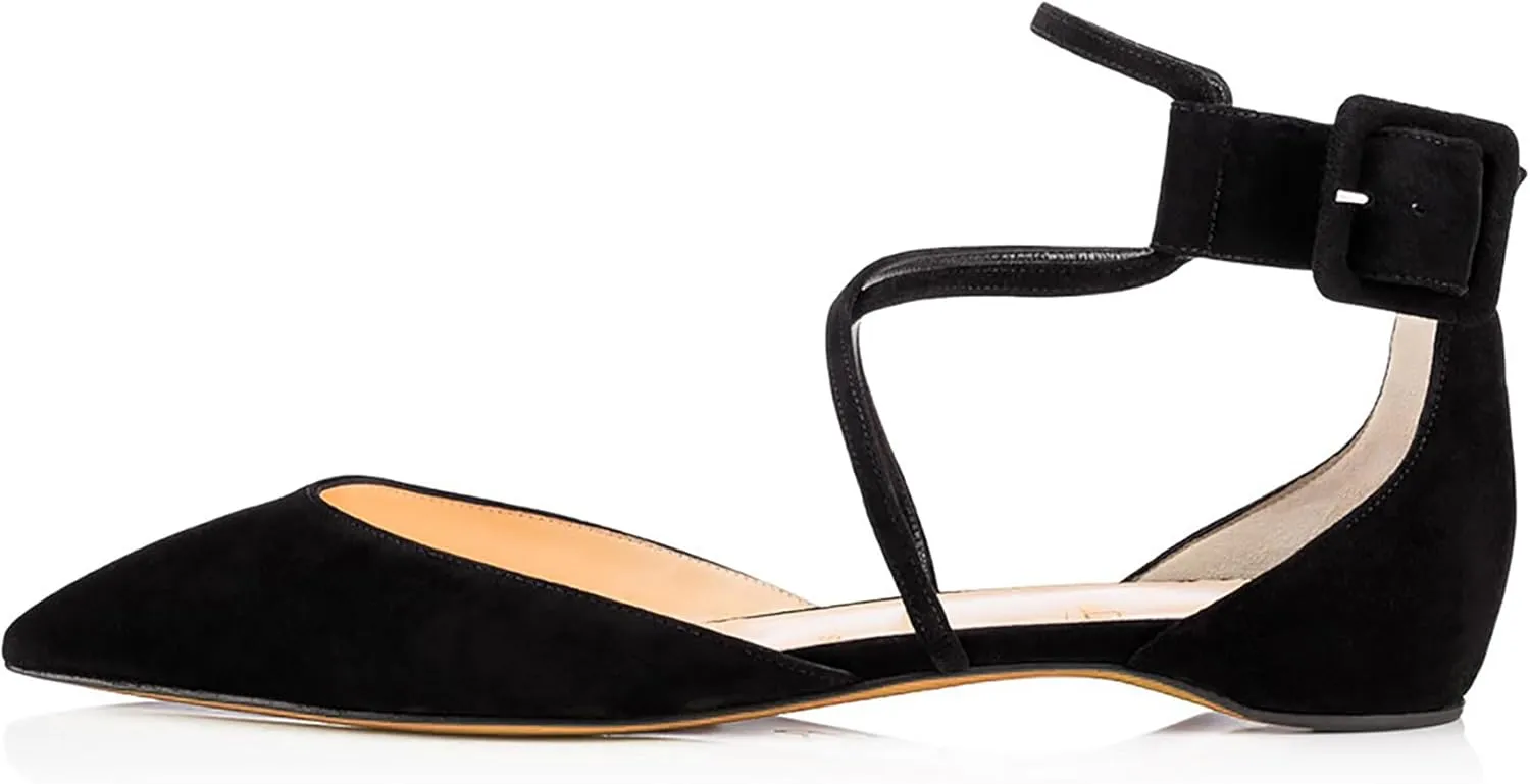 Fashion Cross Ankle Strap Buckle Flat Shoes for Women, Comfort Suede Daily Work Flat Low Heel, Elegant Side Hollow Walk Dress Drive Flat Shoes