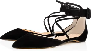 Fashion Cross Ankle Strap Buckle Flat Shoes for Women, Comfort Suede Daily Work Flat Low Heel, Elegant Side Hollow Walk Dress Drive Flat Shoes