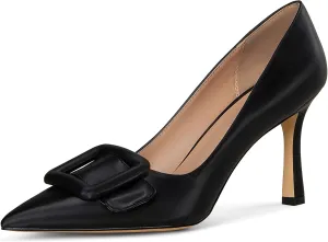 Fericzot Women's Stiletto High Heel Pumps Wedding Party Closed Classic Dress Heeded Shoes with Square Buckle