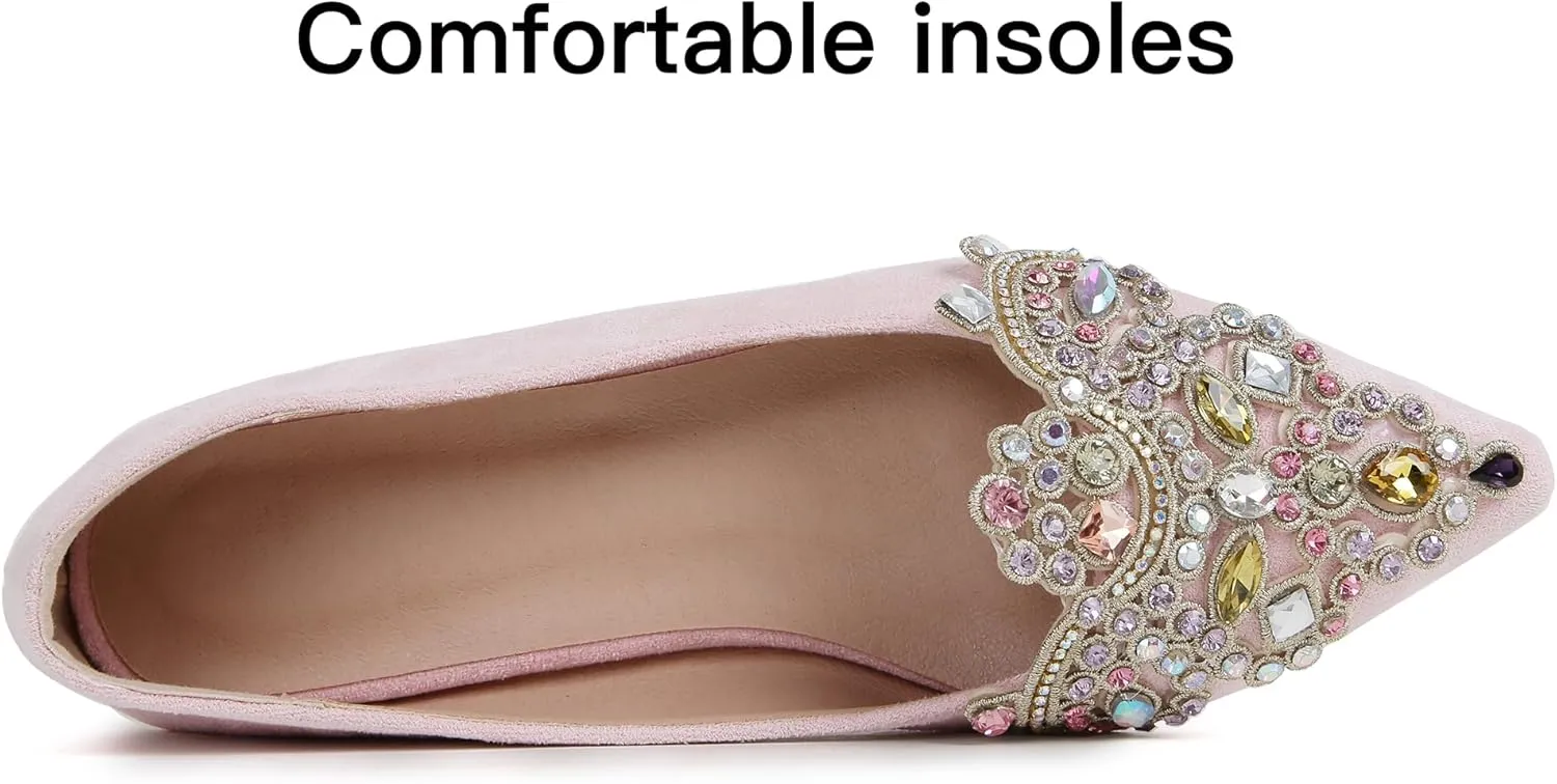 Flats for Women Bling Rhinestone Pointed Flat Shoes Comfort Slip on Low Heel Wedding Dress Shoes Ballet Flat Shoe