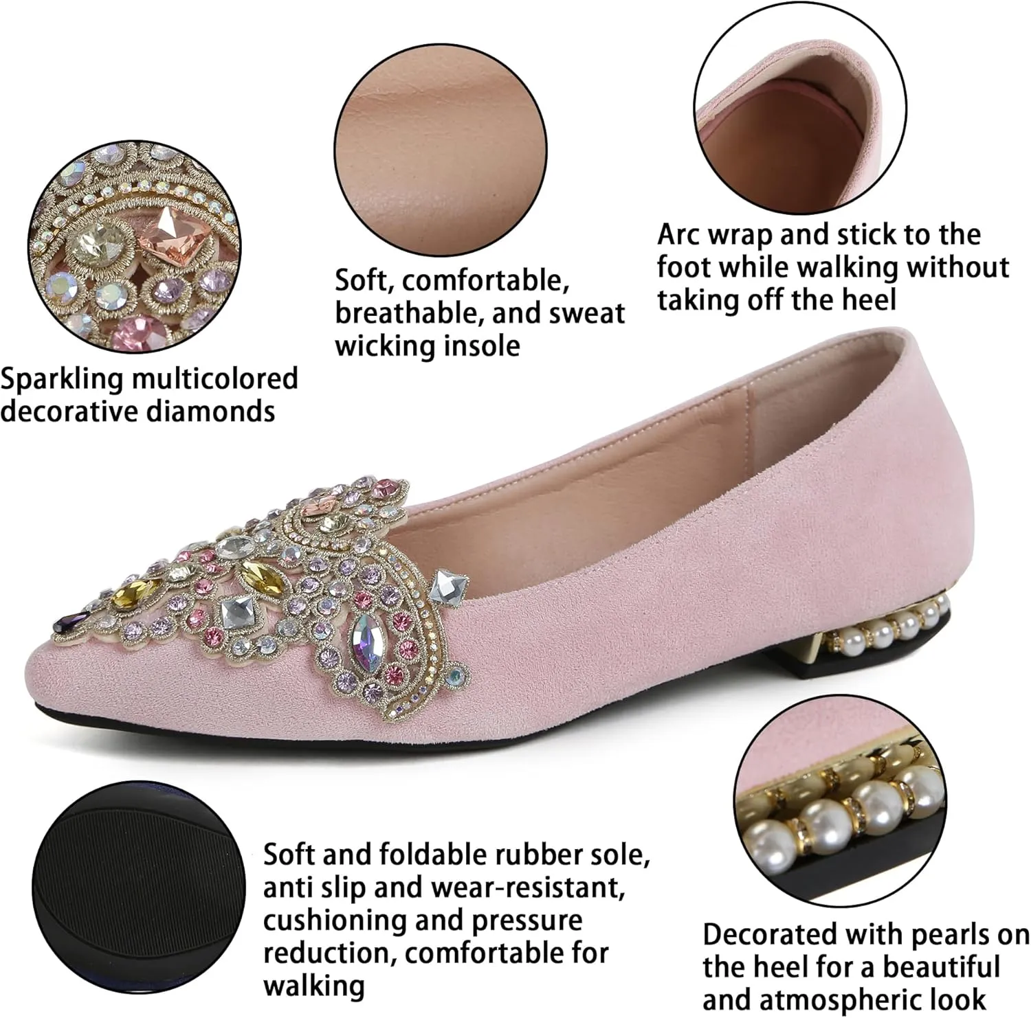 Flats for Women Bling Rhinestone Pointed Flat Shoes Comfort Slip on Low Heel Wedding Dress Shoes Ballet Flat Shoe