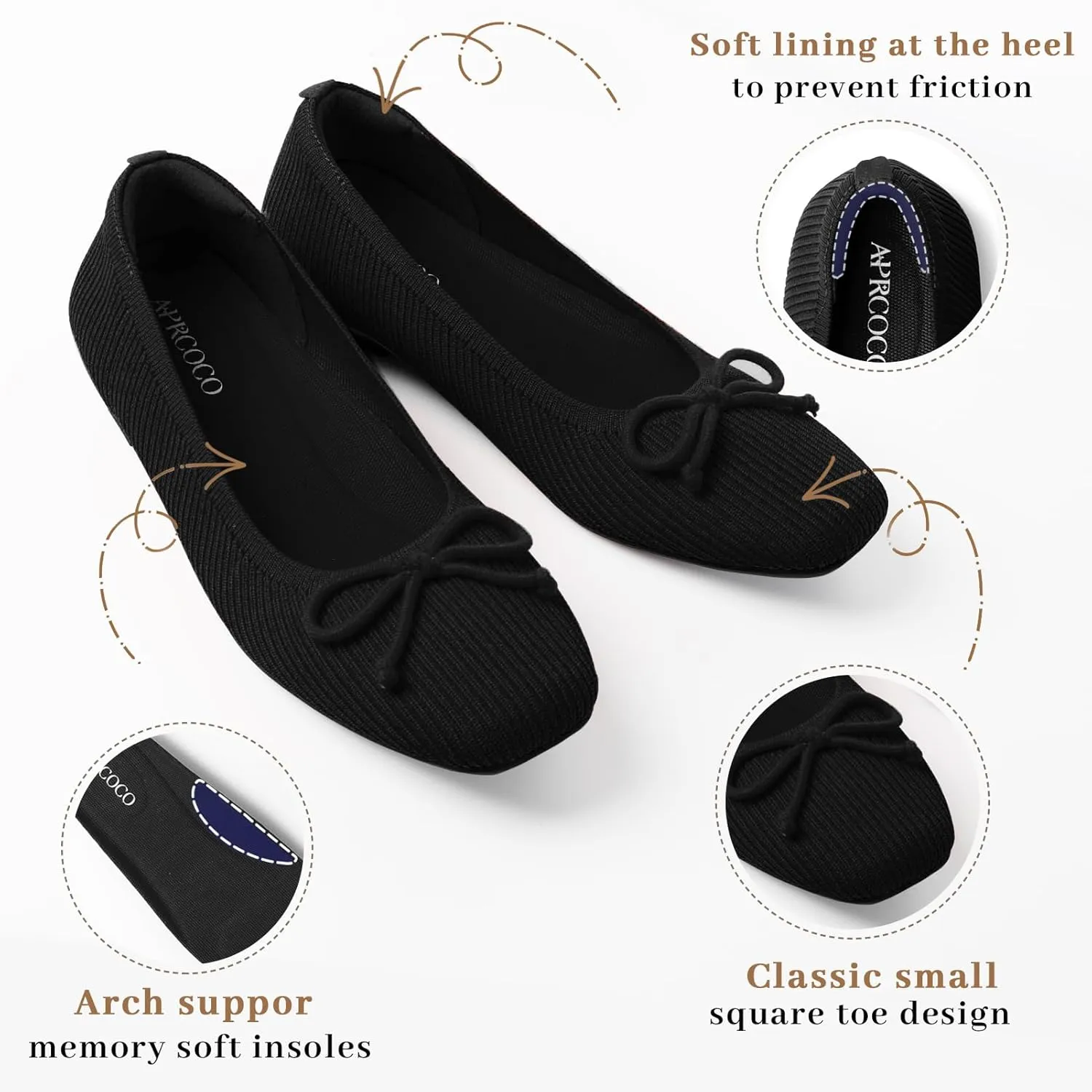 Flats for Women Bowknot Ballet Knit Foldable Flat Square Toe Comfort Light Shoes Office Low Top Flats