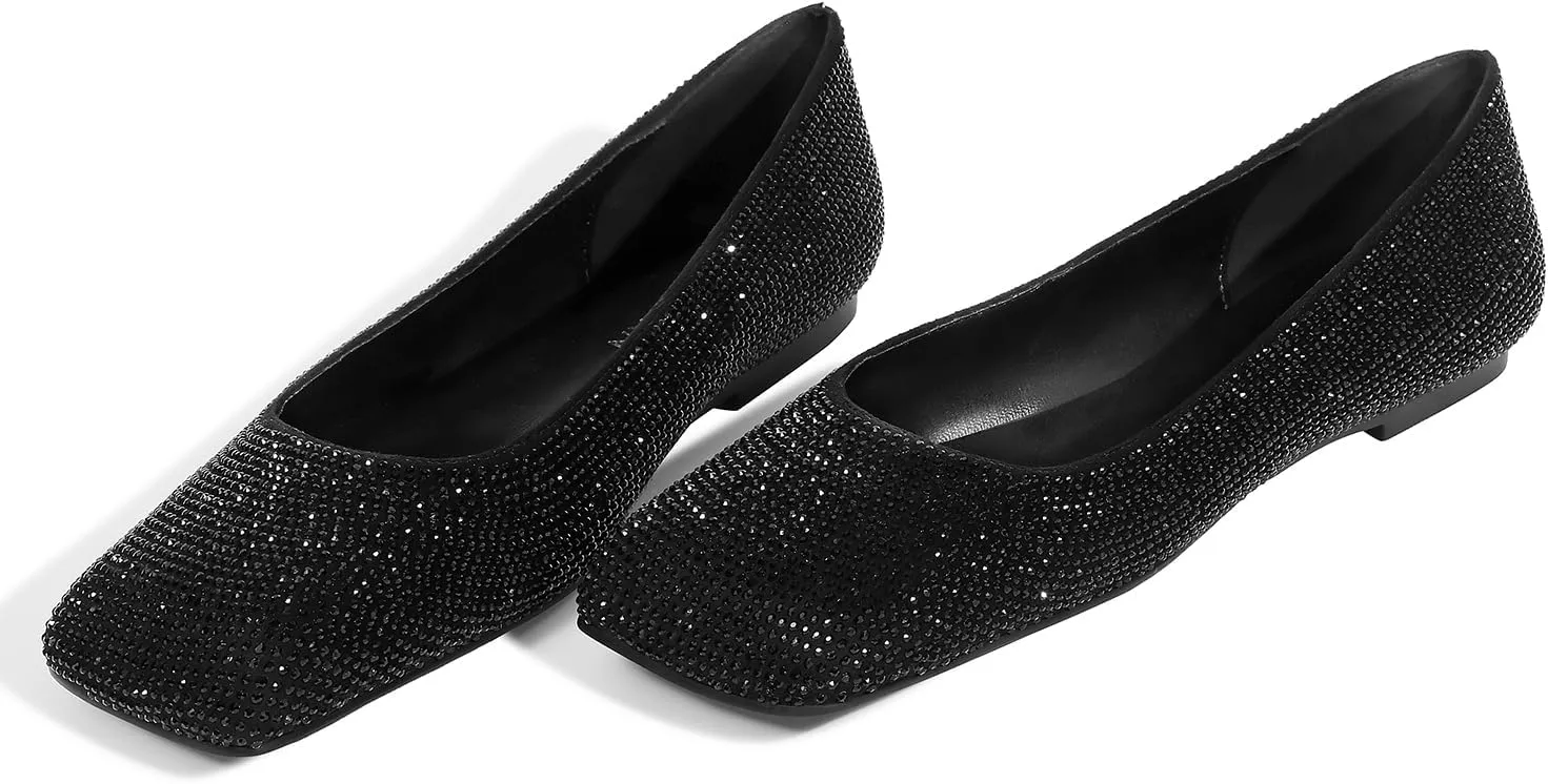 Flats for Women Rhinestone Square Toe Glitter Sparkly Comfortable Dress Bridal Ladies Wedding Shoes