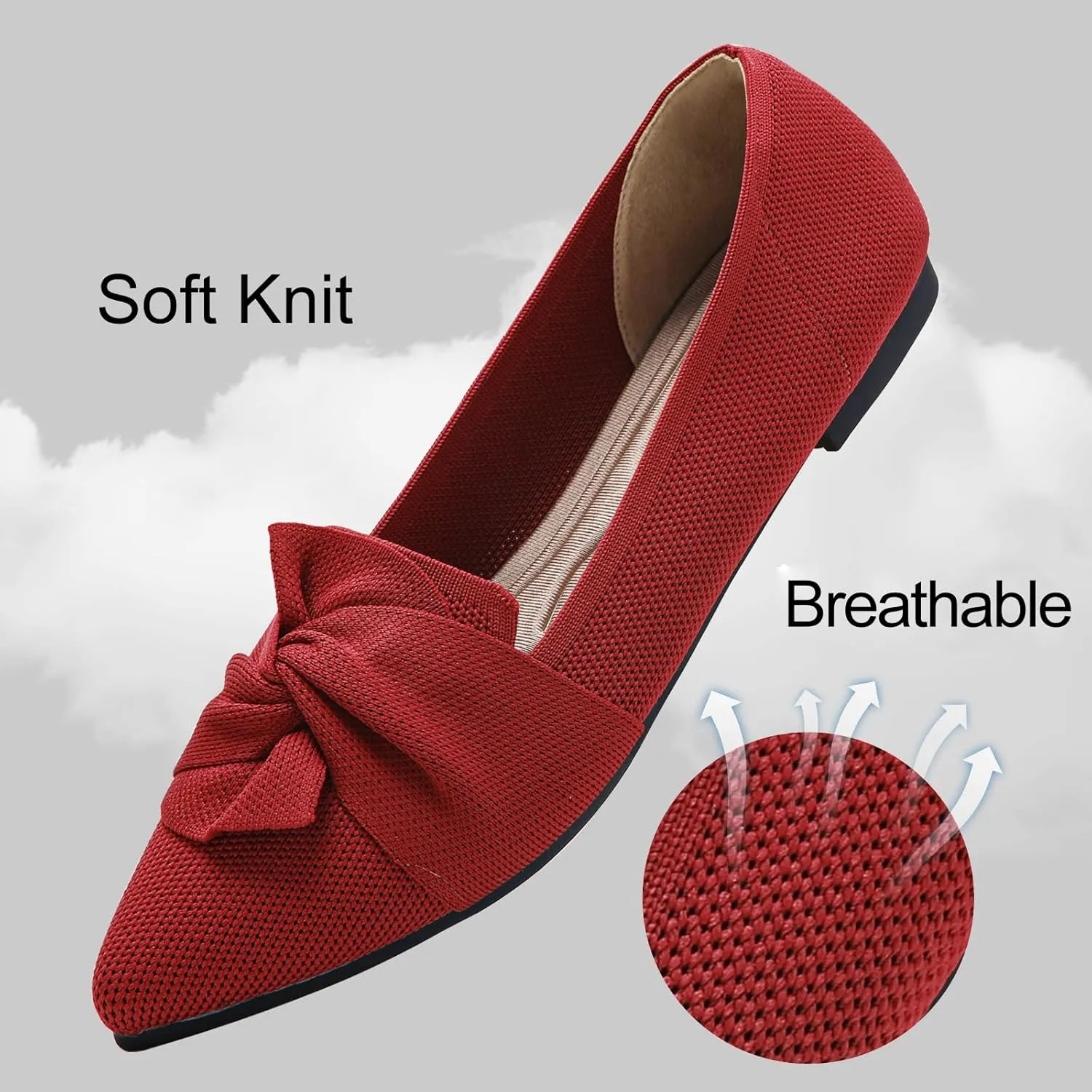 Flats for Womens Pointed Toe Ballet Flats with Bow Comfortable Knit Dressy Flats