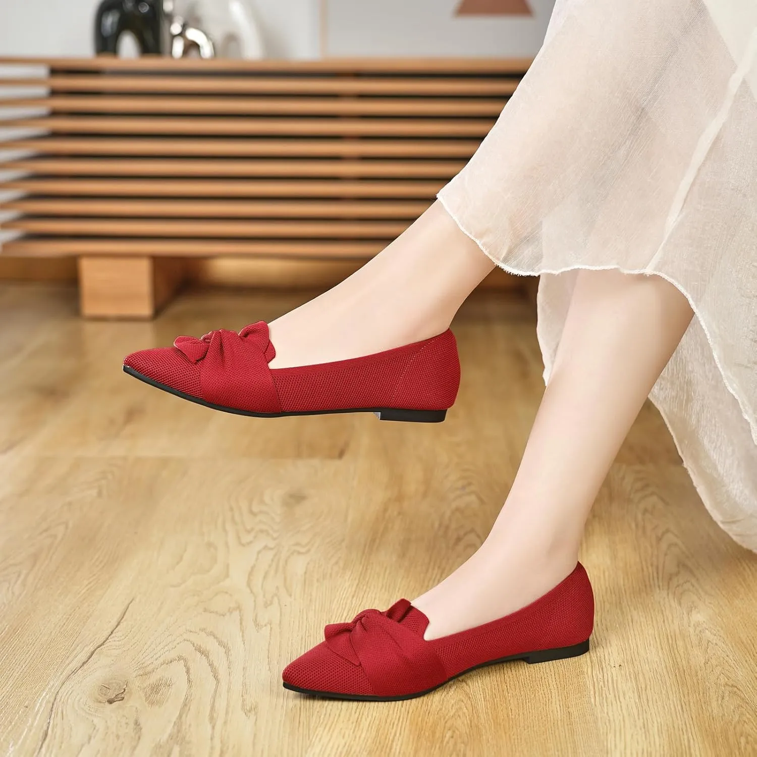 Flats for Womens Pointed Toe Ballet Flats with Bow Comfortable Knit Dressy Flats