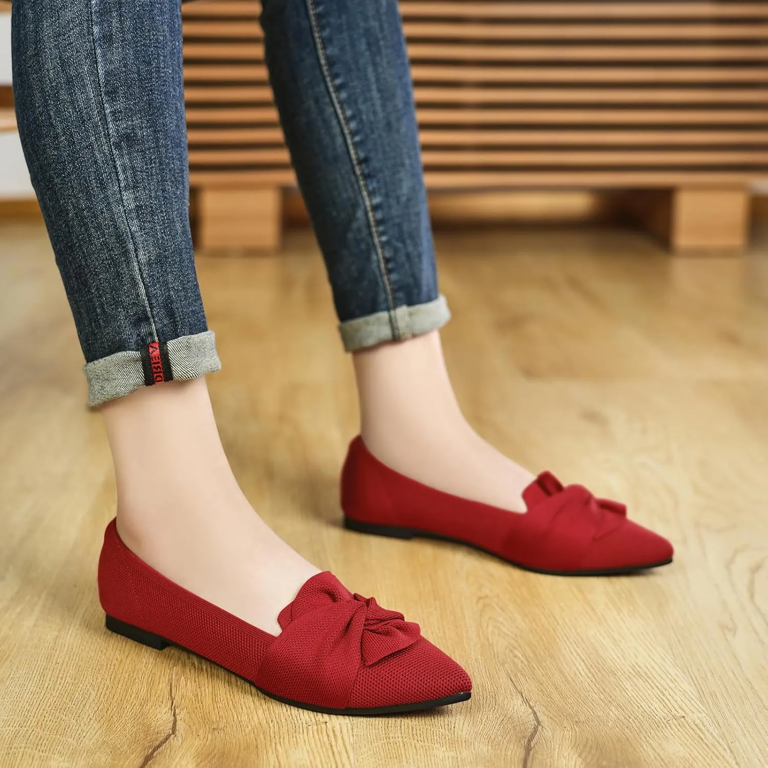 Flats for Womens Pointed Toe Ballet Flats with Bow Comfortable Knit Dressy Flats