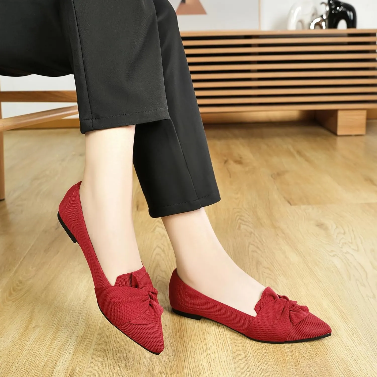 Flats for Womens Pointed Toe Ballet Flats with Bow Comfortable Knit Dressy Flats