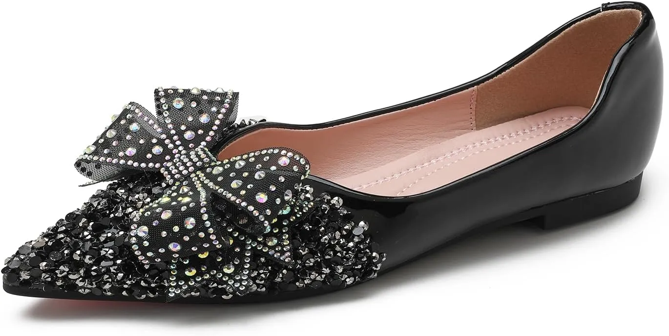 Flats Shoes Women Rhinestone Wedding Flats Comfort Pointed Toe Ballet Flat Shoe Low Heel Dress Shoes Sparkly Flats for Women