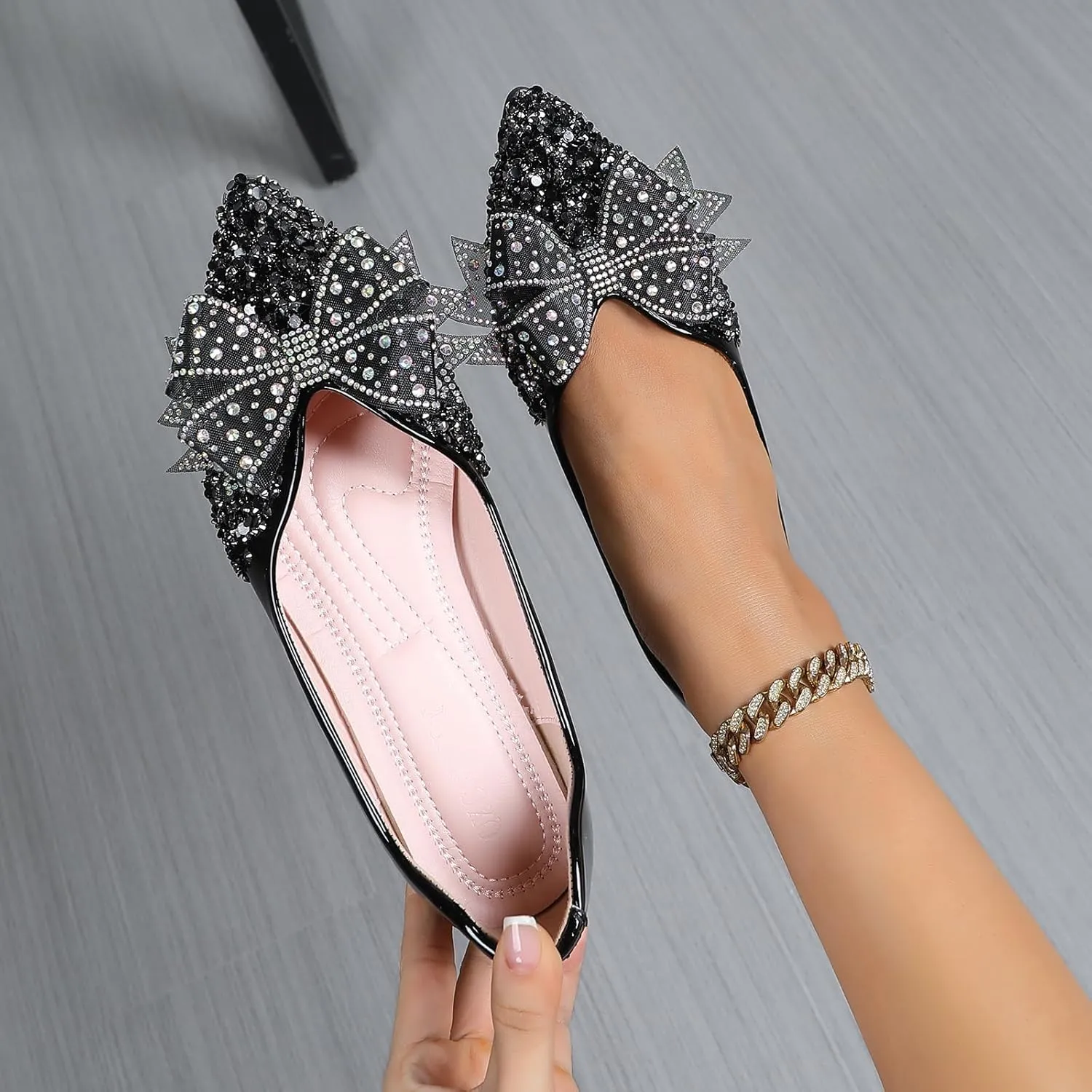 Flats Shoes Women Rhinestone Wedding Flats Comfort Pointed Toe Ballet Flat Shoe Low Heel Dress Shoes Sparkly Flats for Women