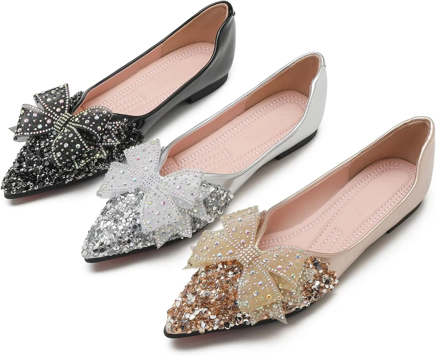 Flats Shoes Women Rhinestone Wedding Flats Comfort Pointed Toe Ballet Flat Shoe Low Heel Dress Shoes Sparkly Flats for Women