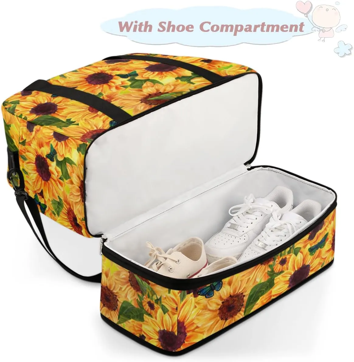 Flower Sunflower Butterfly Summer Foldable Travel Duffel Bag Tote Carry On Luggage Sports Gym Bag With Shoe Compartment For Woman Man Overnight Weekend Yoga Workout Bag Training Handbag