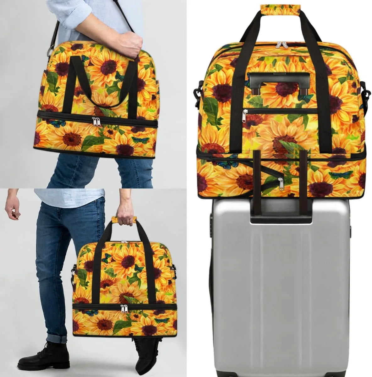 Flower Sunflower Butterfly Summer Foldable Travel Duffel Bag Tote Carry On Luggage Sports Gym Bag With Shoe Compartment For Woman Man Overnight Weekend Yoga Workout Bag Training Handbag