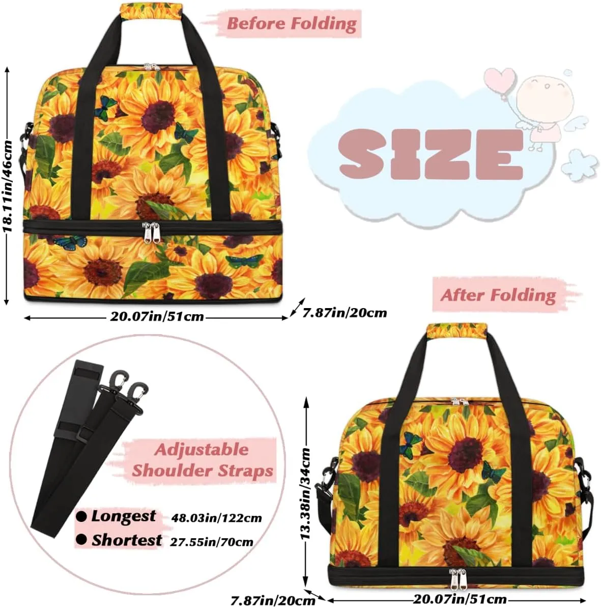 Flower Sunflower Butterfly Summer Foldable Travel Duffel Bag Tote Carry On Luggage Sports Gym Bag With Shoe Compartment For Woman Man Overnight Weekend Yoga Workout Bag Training Handbag