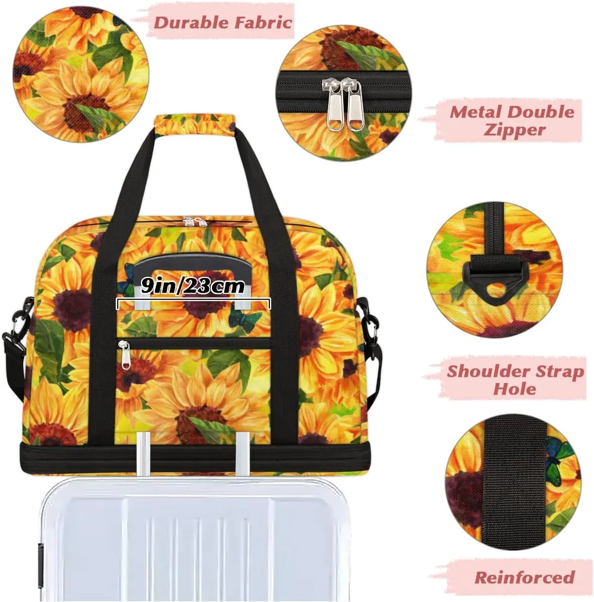 Flower Sunflower Butterfly Summer Foldable Travel Duffel Bag Tote Carry On Luggage Sports Gym Bag With Shoe Compartment For Woman Man Overnight Weekend Yoga Workout Bag Training Handbag