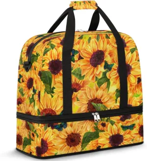 Flower Sunflower Butterfly Summer Foldable Travel Duffel Bag Tote Carry On Luggage Sports Gym Bag With Shoe Compartment For Woman Man Overnight Weekend Yoga Workout Bag Training Handbag