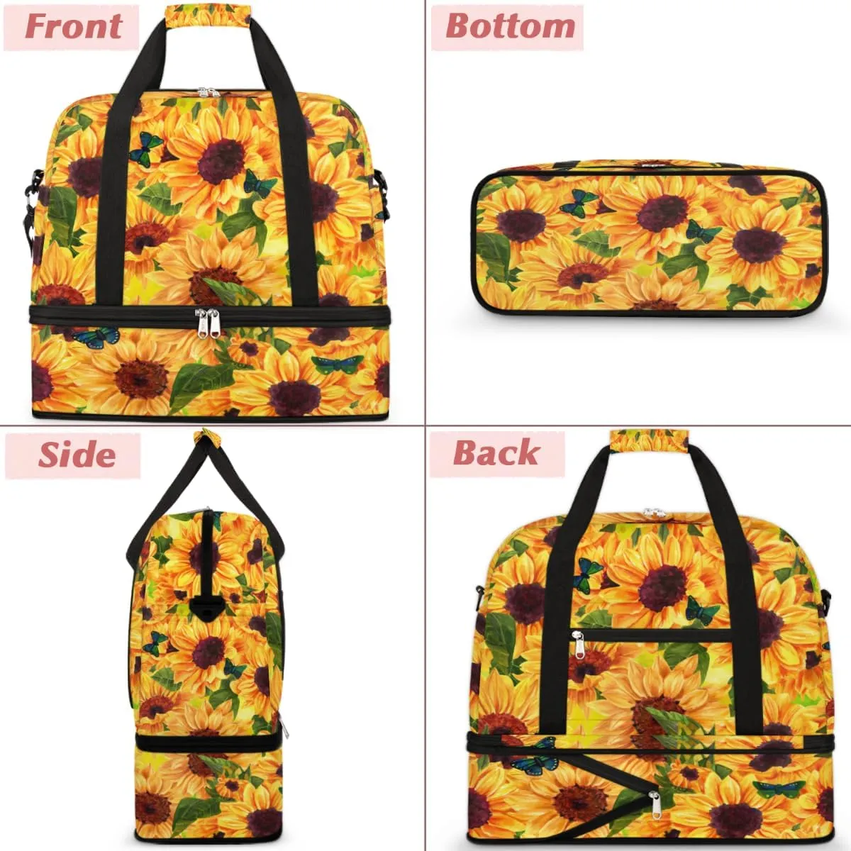 Flower Sunflower Butterfly Summer Foldable Travel Duffel Bag Tote Carry On Luggage Sports Gym Bag With Shoe Compartment For Woman Man Overnight Weekend Yoga Workout Bag Training Handbag