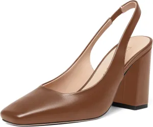 FOGEENA Womens Slingback Sexy Comfortable Square Toe Party Fashion Matte Leather Block High Heel Pumps Dress Shoes 3.5 Inch