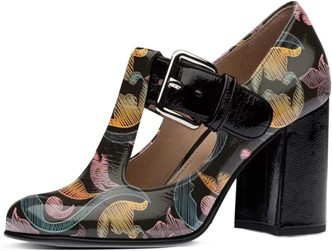FOWT Women Fashion Closed Square Toe T-Strap Pumps Chunky High Heels Office Date Shoes Size 4-16 M