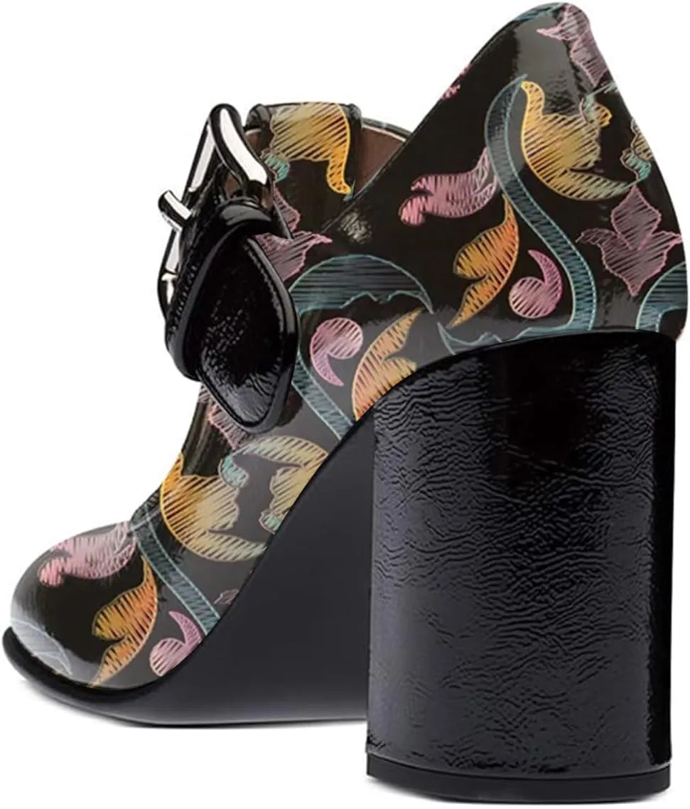 FOWT Women Fashion Closed Square Toe T-Strap Pumps Chunky High Heels Office Date Shoes Size 4-16 M