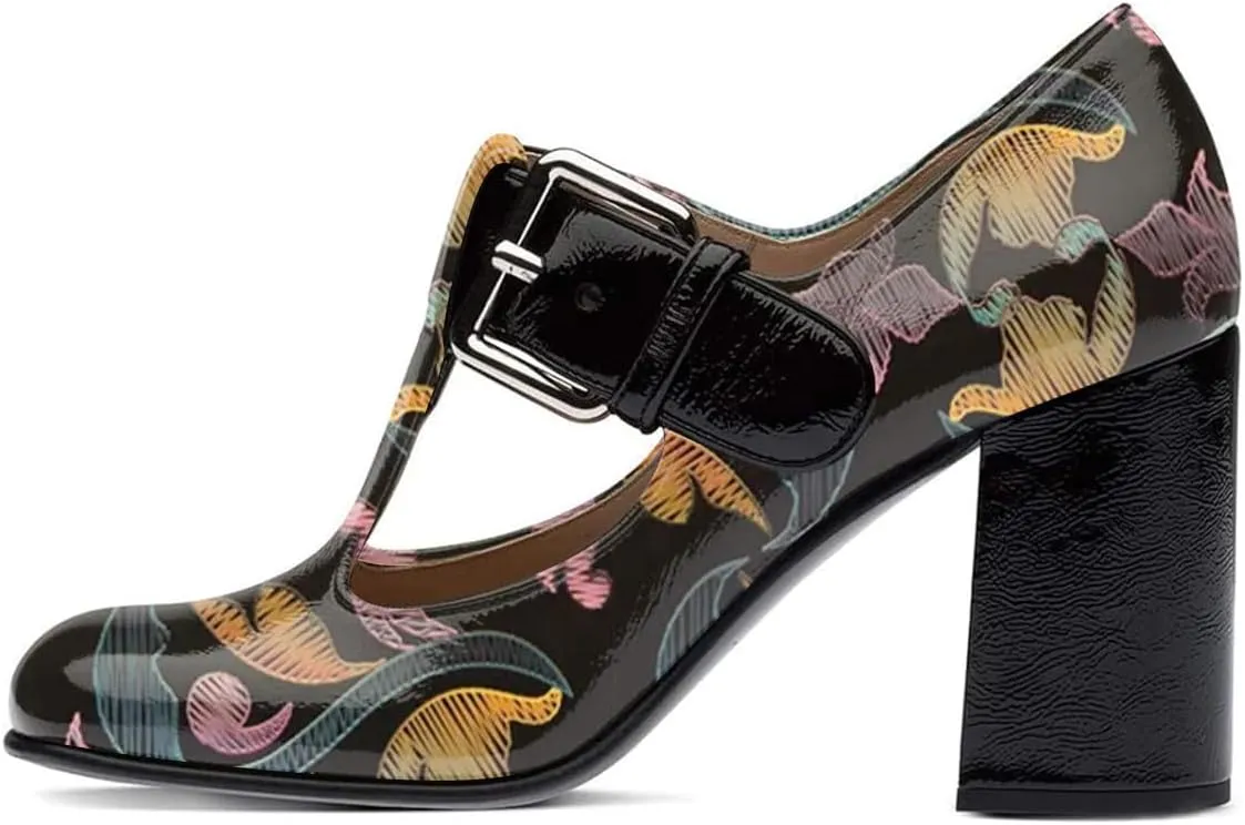 FOWT Women Fashion Closed Square Toe T-Strap Pumps Chunky High Heels Office Date Shoes Size 4-16 M