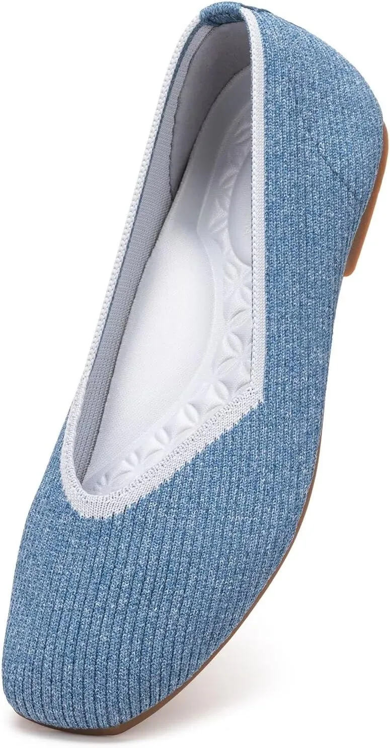 Frank Mully Womens Casual Flat Shoes Square Toe Shoes Knitted Work Flat Comfort Dressy Flat Shoes for Daily Washable