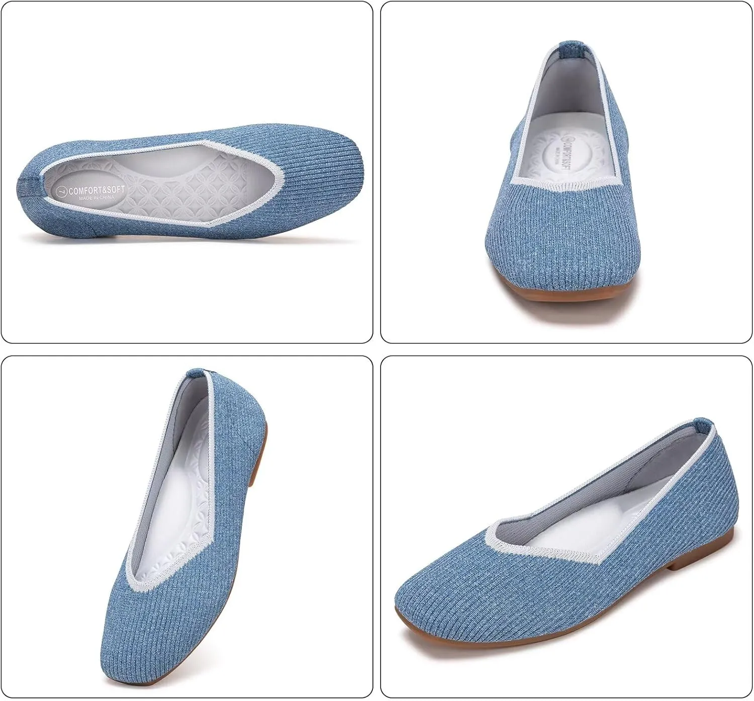Frank Mully Womens Casual Flat Shoes Square Toe Shoes Knitted Work Flat Comfort Dressy Flat Shoes for Daily Washable