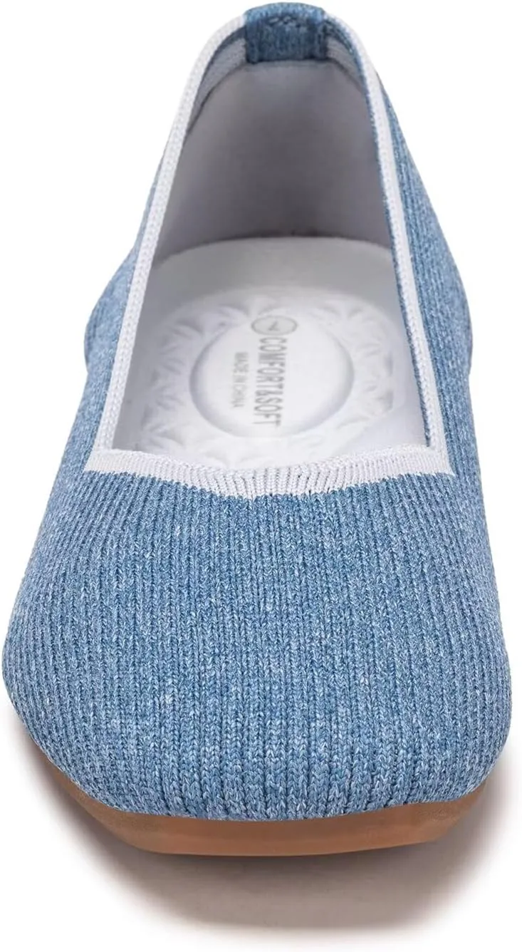 Frank Mully Womens Casual Flat Shoes Square Toe Shoes Knitted Work Flat Comfort Dressy Flat Shoes for Daily Washable