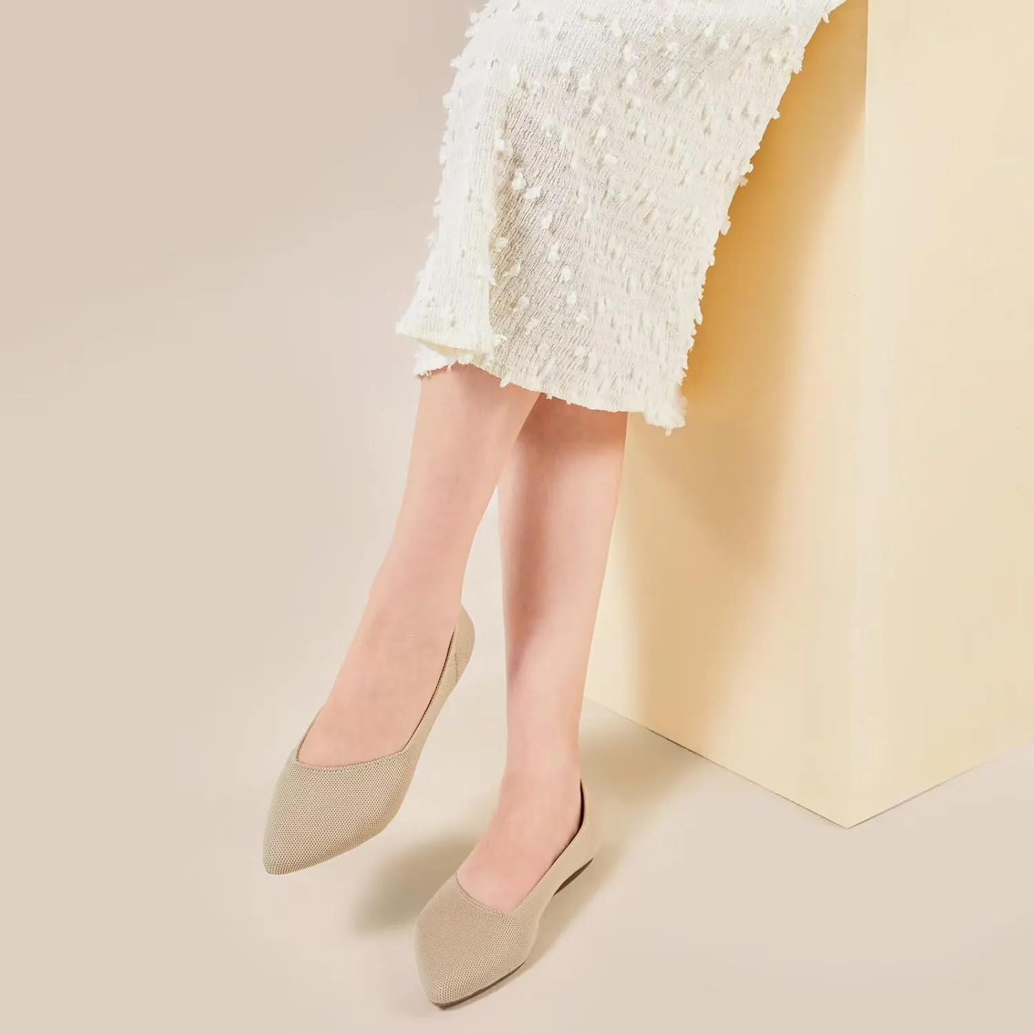 Frank Mully Womens Pointed Toe Flats Knit Dress Shoes Comfort Women Shoes Slip On Shoes for Woman Classic Softable Shoes Low Wedge